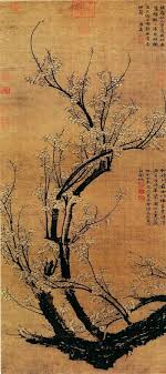 南枝春早图 绢本水墨 纵151 4厘米 横52 2厘米 台北故宫博物院藏 王冕爱梅 也善画梅 他画梅干 用笔遒劲 顿挫得宜 绘花瓣 或用浓淡水墨点燃的点花法 或用双线勾勒的圈花法 或点 圈合用 Chinese Art Painting Plum Blossom Painting Japanese Painting