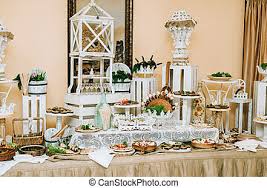 Dessert tables, buffet and bars. Catering Buffet And Rustic Decor Outdoor Wedding Party With Healthy Food Snacks Canstock