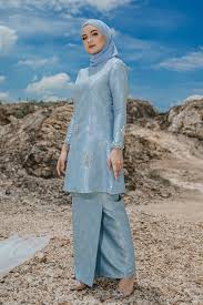 Royal satin round neckline front zipper, nursing. Myravallyn Online Fashion Malaysia Modest Clothing Baju Kurung Shop By Collection Brocade Series Dahleya Kurung Baby Blue