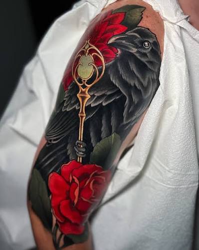 Raven with a rose and dahlia 🐦‍⬛🌹 Done in two sessions ~ thank you Ishara! Tattooed with @ekotattooaftercare Studio @windfalltattoos #neotraditional #neotraditionaltattoo #raventattoo #floraltattoo #femaletattooartist #octattooartist #colortattoo ...