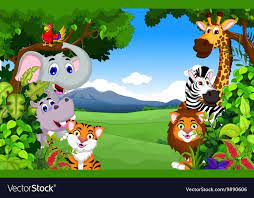 Funny Animal Cartoon With Forest Background Vector Image Cartoon Background Cartoon Jungle Animals Cartoon Animals