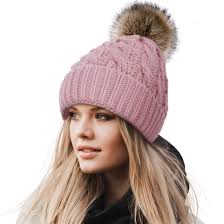 Buy Women's Winter Soft Knitted Beanie Hat with Faux Fur Pom Pom,Pink at  Amazon.in