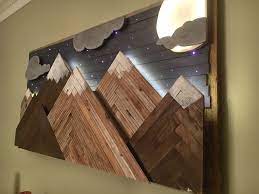 Mountain Mural With Backlit Mountains Moon And Fiber Optic Stars By Tomahawk Trading Co Mountain Wood Art Wood Art Projects Wood Art Diy
