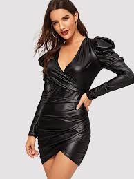Pu Surplice Front Tulip Hem Dress Shein Sheinside In 2020 Hem Dress Leather Dresses Fashion Attire