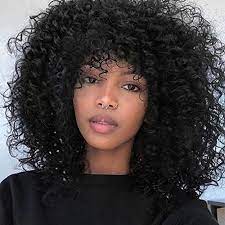Lativ Curly Afro Wig With Bangs Short Wigs Curly Black Wig Afro Kinkys Wig Shoulder Length Synthetic Hair Heat Curly Hair Styles Black Curly Wig Curly Afro Wig