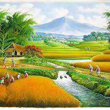 Pada gambar pertama ini, anda akan melihat sebuah lukisan yang sangat indah yang menggambarkan pemandangan pedesaan khas di indonesia. Pemandangan Pegunungan Dan Sawah