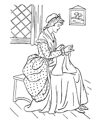 Bodice cut square at neck and edged with pink ribbon; Colonial Life Coloring Pages Coloring Home