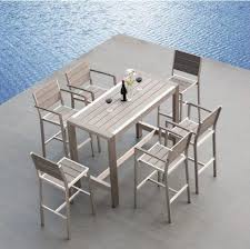 This bar set is crafted from an aluminum frame with an intricated tabletop design that echoes to the chair back. China Outdoor Bar Furniture Set Bar Table And Chairs Outdoor Patio Pub Furniture Aluminum Bistro Chair Rattan Bar Chairs And Table Set China Bar Furniture Bar Table Chair