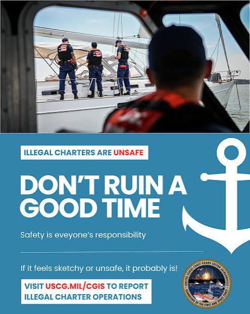 ⚠️ Illegal charter operations are UNSAFE! CHECK THE CAPTAIN 📕 If you're  paying for a boat ride, the captain must have a valid U.S. Coast Guard  Merchant Mariner Credential! Illegal charter operation