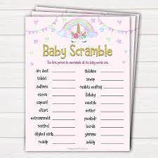 Unicorn Baby Shower Baby Word Scramble Game Printable Baby Shower Games Unicorn Baby Shower Games Fun Baby Games Baby Word Game Un1 Baby Shower Party Games Funny Baby Shower Games Fun