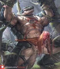 2022 absurd res anthro anus bara biceps bodily fluids bottomwear  claws clothing crouching entangled erection genital fluids genitals hi res  humanoid penis lindong lizardman (overlord) loincloth male male only