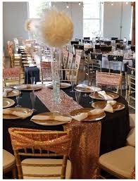 Gold Table Cloth Setting Black White Rose Gold Wedding Feather Ball Centerpiece In 2020 Rose Gold White Wedding Rose Gold Wedding Table Rose Gold Wedding Decor