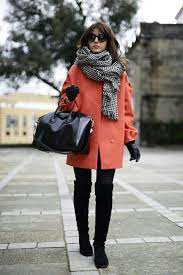 Coral Coat Houndstooth Scarf Over Knee Boots Fashion Chic Outerwear Winter Coat Outfits