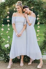 Chic Baby Blue Off Shoulder Chiffon Half Sleeves Bridesmaid Dress Bridesmaid Dresses Ankle Length Bridesmaid Dresses With Sleeves Tea Length Bridesmaid Dresses