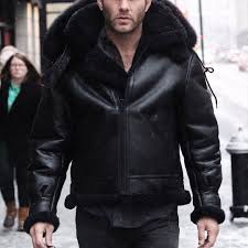 All Black B 3 Hooded Sheepskin Bomber Jacket Mens Shearling Jacket Leather Flight Jacket Leather Jacket