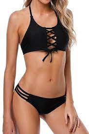Amazon Com Beautyin Womens Haler High Neck Bikini Set 2 Piece Strappy Padding Bathing Suit Black Strappy Front Bikini Set High Waist Bikinis Halter Bikini Set