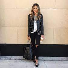 Pin For Later 100 Easy Outfit Ideas To Try This Spring A White T Shirt Black Ripped Jeans A Leather Jacket And Black Flat Jacket Outfit Women Fashion Style