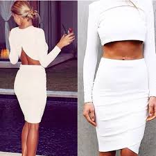 Black And White Crop Top And Skirt Set White Tuliup Long Sleeve Crop Top Pencil Skirt Set Looks Vestidos Roupa Social
