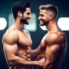 best-yak190: Two young tall handsome muscular men lovingly looking into  each other's eyes and smiling. They are boyfriends, and they love each  other. Cute gay couple.