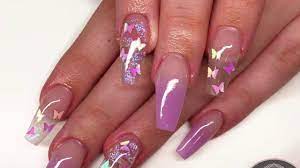 Acrylic Nail Tutorial Butterfly Design Youtube Purple Acrylic Nails Pink Clear Nails Acrylic Nails