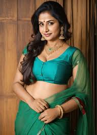 Lexica - A cute indian aunty without any jewellery, in deep cut blouse,  chest line visible