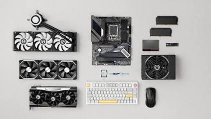 A comprehensive array of modern components necessary for an optimized custom PC build, AI generated