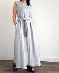 Long Light Grey Natural Linen Sleeveless Dress With Belt Sleeveless Linen Dress Linen Maxi Dress Dresses