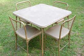 1960s child's pink metal kitchen set museum of death. Vintage Cosco 1950s Metal Table And Chairs Gambling Gaming Folding Table And Chairs Kitchen Card Vintage Metal Chairs Vintage Metal Table Metal Table