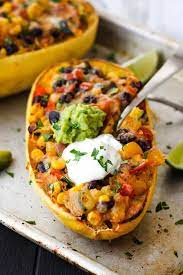 Spaghetti Squash Burrito Bowls Are A Hearty Vegetarian Dinner For Two Cheesy Flavorful And Stuffed With Healthy Ve Healthy Veggies Recipes Vegetarian Dinner