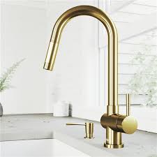 Kitchen soap dispensers can be a practical and convenient addition to your kitchen, making it easy to pump out hand or dish soap as you perform common kitchen tasks. Vigo Gramercy Pull Down Kitchen Faucet And Soap Dispenser Matte Brushed Gold Vg02008mgk2 Rona
