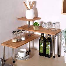 Check spelling or type a new query. Amazon Com Ollieroo 3 Tier Corner Shelf Bamboo Countertop Organizer Bookshelf Display Shelves Space Saving Rack For Living Room Kitchen Office With Hooks Kitchen Dining