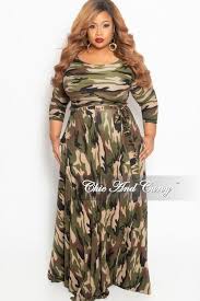 New Plus Size Long Pocket Dress With 3 4 Sleeve And Tie In Olive Camouflage Print Maxi Dress Fashion Chic And Curvy