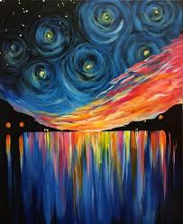 Paint Nite Cool Swirly Starry Night Meets Rainbow Water Reflections Night Painting Painting Painting Gallery