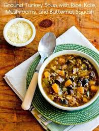 Turkey Soup With Rice Kale Mushrooms And Butternut Squash Kalyn S Kitchen Recipe Ground Turkey Soup Turkey Soup Turkey Soup Recipe