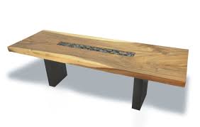 This table by woodworking artist jeff greenberg is made from hard maple with streams of river rock set in resin, resting on blackened steel flat bar legs. Contemporary Table Slab Inset Rock Rotsen Furniture Wooden Rectangular In Reclaimed Material