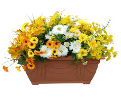 Outdoor artificial flowers in pots. Yellow White 40cm Trough 50cm Display Inc Flowers Terracotta Outdoor Artificial Flower