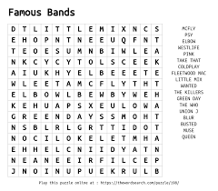 Worksheet is complete with title, instructions, grid, and answer sheet with hints for the teacher. Download Word Search On Famous Bands
