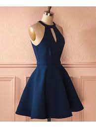 Cute A Line Halter Navy Blue Short Dress Elastic Satin Navy Short Homecoming Dress With Pocket Under 100 Hd0711003 Blue Dress Short Navy Blue Short Dress Casual Homecoming Dresses