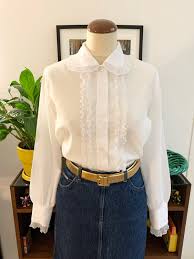 Vintage Blouse With Large Peter Pan Collar Frills Wide Cuffs Peach Skin Look Chic Elegant Vintage Blouse Vintage Proper Attire Vintage Shirts