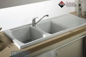 Linear double bowl stainless steel sink. Lusitano Inset Fine Fireclay Kitchen Sink Double Bowl And Single Drainer