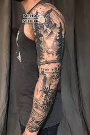 Baume Landschaft Berge Berg Elk Fisch Schulter Tattoo Tattoo Ideen Manner Arm Schultertattoos