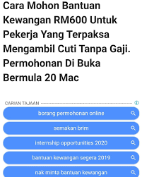 Apabila kewangan anda sudah stabil semula, anda boleh terokai cara lain untuk langsaikan hutang tertunggak secara efisien, contohnya seperti program pemindahan baki kad kredit. Senawangtv On Twitter Cara Permohonan Bantuan Kewangan Rm600 Untuk Pekerja Yang Terpaksa Mengambil Cuti Tanpa Gaji Permohonan Bermula 20 Mac 2020 Terima Rm600 Sebulan Bergaji Bulanan Bawah Rm4000 Untuk Pekerja Swasta Termasuk