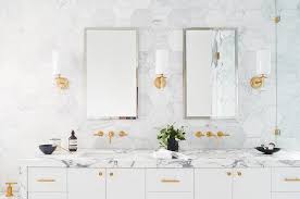 Check spelling or type a new query. Brushed Gold Faucets On Marble Hex Tiled Wall Transitional Bathroom