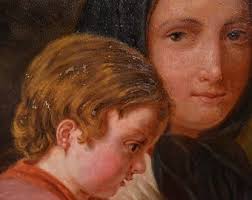 Family Portrait Mother with Children Playing Coins Framed Antique Oil  Painting