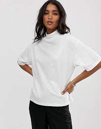 Asos Design High Neck Short Sleeve Oversized T Shirt In White Asos