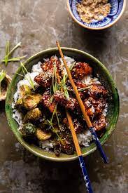 Sheet Pan Sticky Ginger Sesame Chicken And Crispy Brussels Sprouts Half Baked Harvest Recipe Half Baked Harvest Recipes Harvest Recipes Recipes