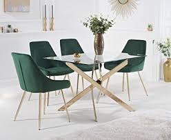 Solid wood dining room furniture. Denver 120cm Rectangular Gold Leg Glass Dining Table With Fern Velvet Chairs