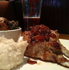 Bj S Brussel Sprouts Recipe Double Bone In Pork Chop With White Cheddar Mashed Potatoes And Honey Sriracha Brussel Sprout Honey Sriracha Brussel Sprouts White Cheddar Mashed Potatoes Food