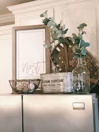 Top Of The Fridge Decor Think Layers Height Variations And Texture Instagram Com Jessconne Fridge Decor Farmhouse Kitchen Decor Kitchen Cabinets Decor