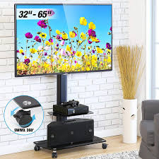Fitueyes Rolling Tv Cart Mobile Tv Stand With Wheels And Shelves For 32 65 Inch Flat Screen Tvs Tt206503gb Walmart Com Tv Stand With Swivel Mount Tv Stand On Wheels Swivel Tv Stand